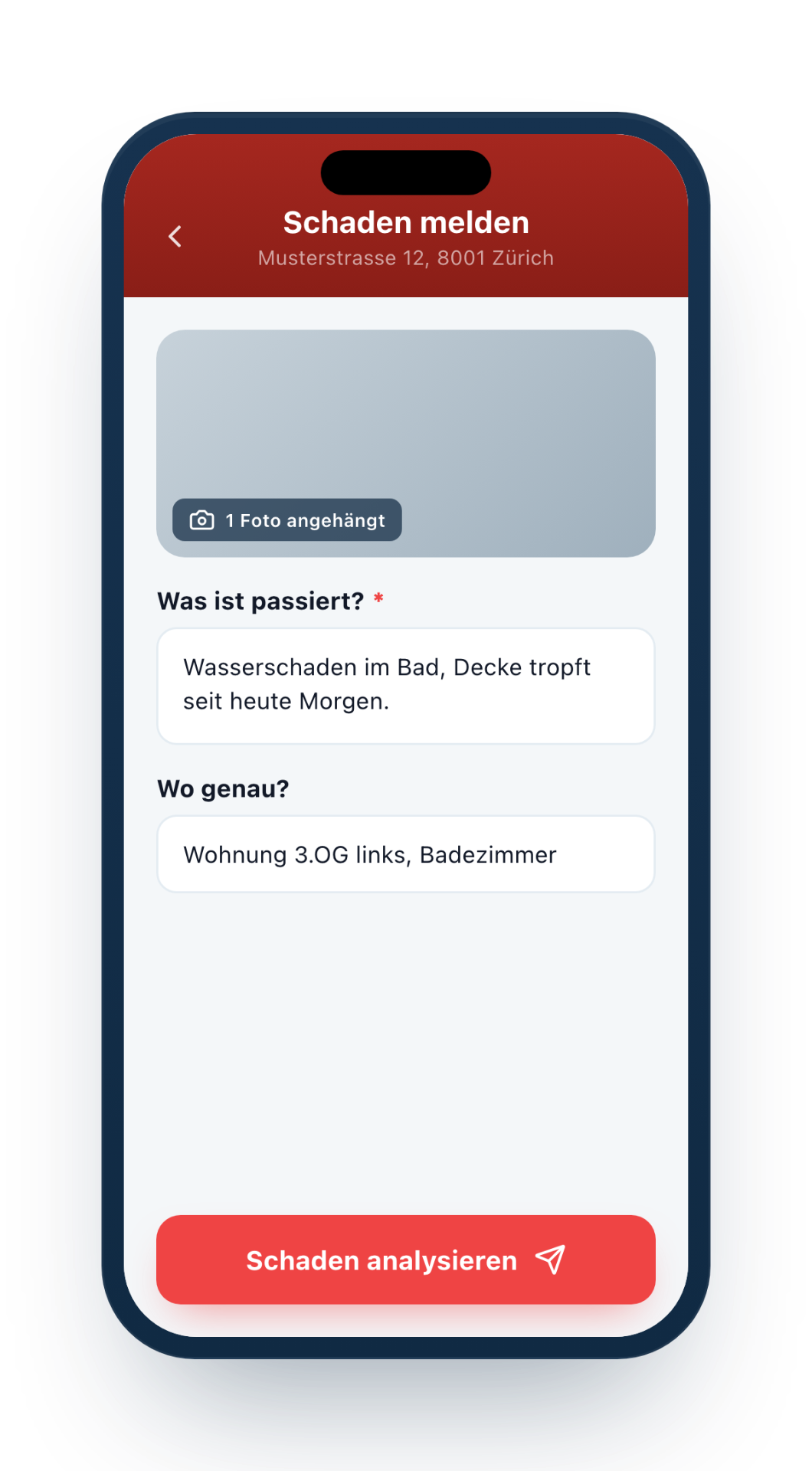 Mobile Capvexa-Schadenmeldung mit Foto, Beschreibung und Ortsangabe